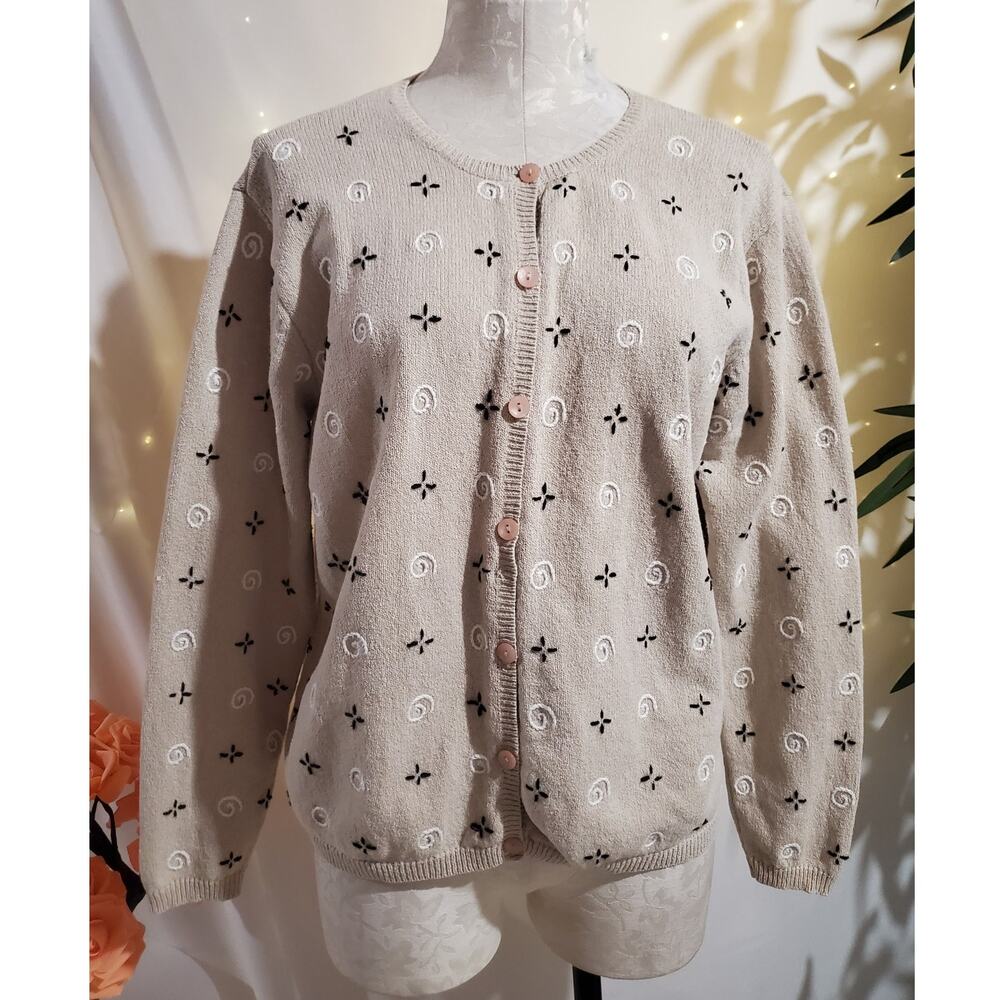 Vtg Talbots Embroidered Button Cardigan Sweater Womens Size L Heavy Knit Beige